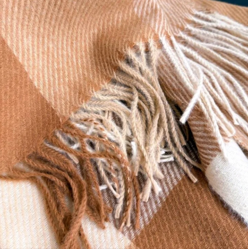 Boho Vegan Cashmere Tan and Cream Plaid Checkered Soft Scarf With Fringes